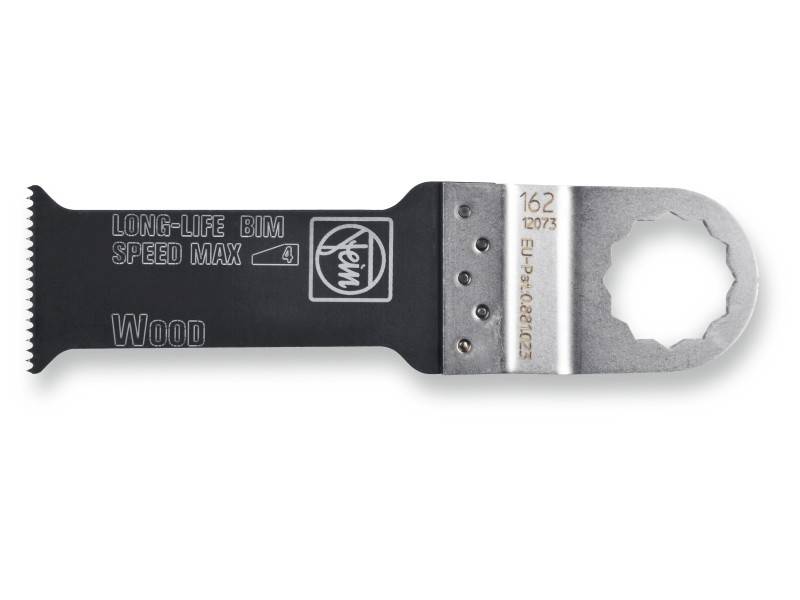 Lama da taglio nero-argento per utensili oscillanti con la scritta 'LONG-LIFE BIM SPEED MAX Wood'.