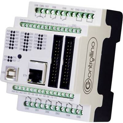 Un dispositivo di controllo elettronico bianco con connettori verdi e due slot, utilizzato per applicazioni di controllo industriale.