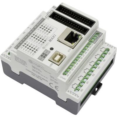 Un dispositivo di controllo elettrico grigio con più connessioni e porte USB ed Ethernet, contrassegnato con 'CONTR100-LD-MAXI'.