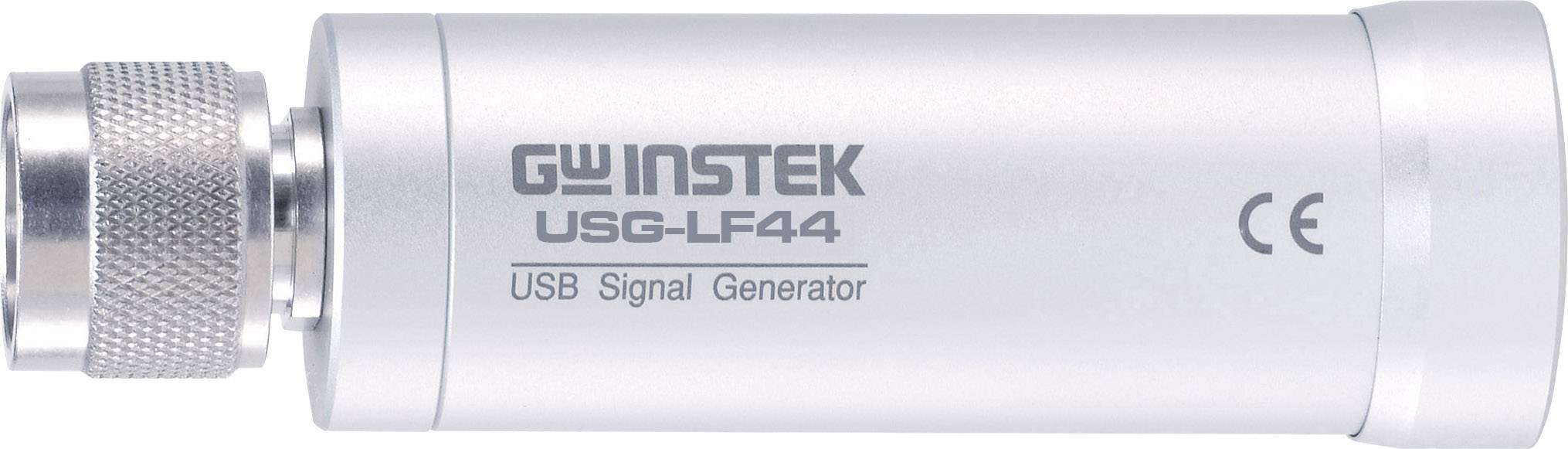 Generatore di segnali USB in custodia di alluminio, contrassegnato con 'GW Instek USG-LF44' e marchio CE, per la trasmissione elettronica di segnali.