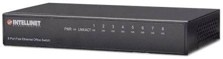 Un interruttore (switch) Fast Ethernet da ufficio a 8 porte di Intellinet, colore nero, per la connessione di rete. Le porte sono numerate da 1 a 8.