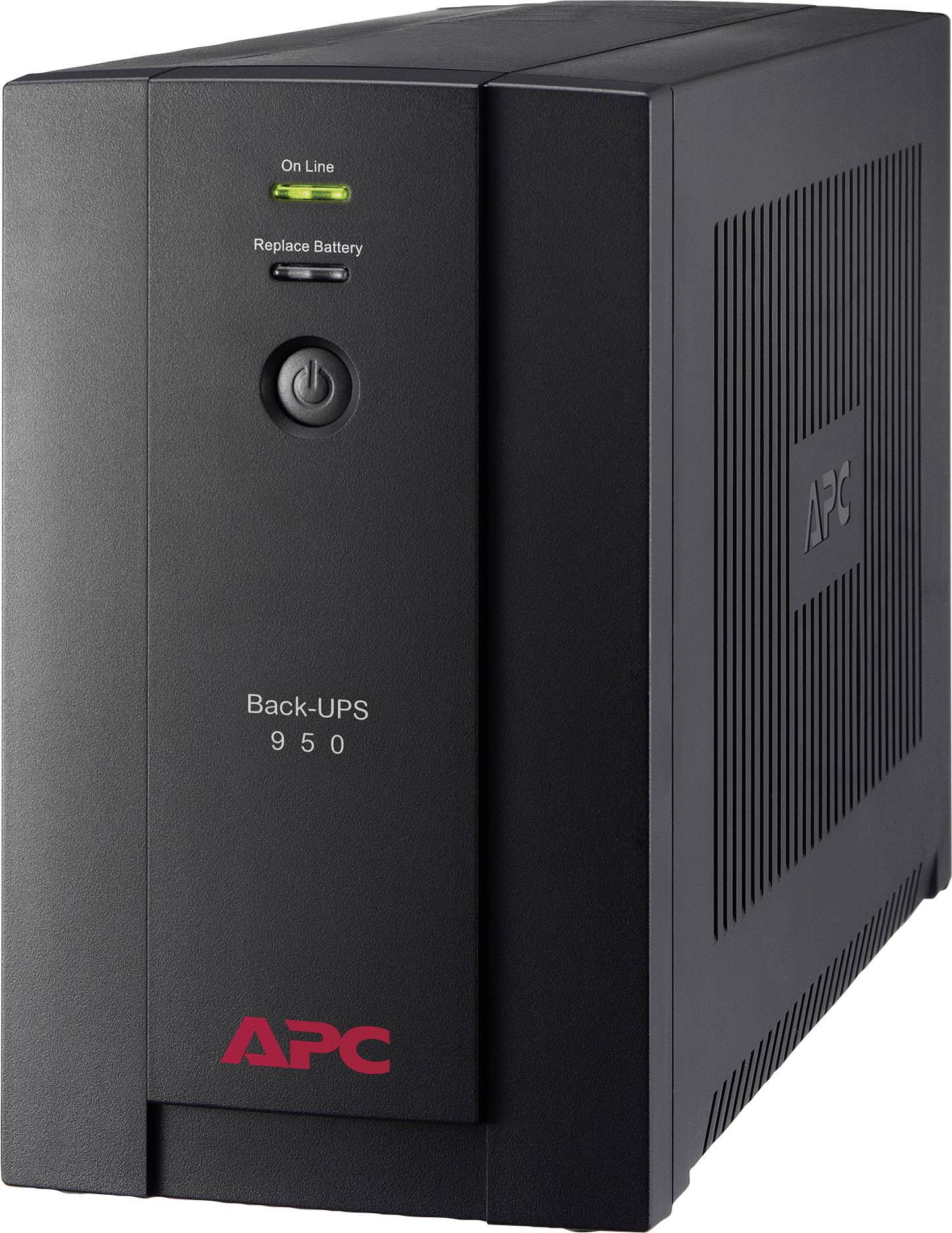 Un'unità UPS nera con la scritta 'Back-UPS 950' di APC. Due spie luminose indicano 'On Line' e 'Replace Battery'.