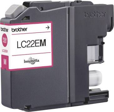 Cartuccia d'inchiostro Brother LC22EM in nero-grigio con etichetta rosa, che mostra il numero del modello e il marchio 'innobella'.