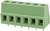 Connettore verde a quattro poli con morsetti a vite laterali. Utilizzato per un collegamento elettrico sicuro su una scheda elettronica.