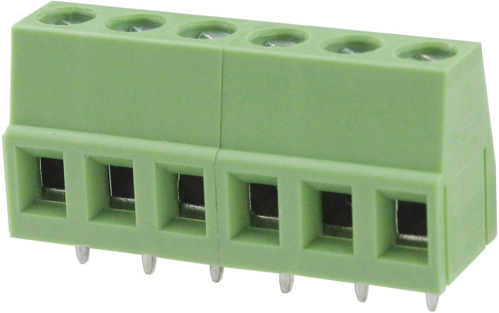 Blocco connettore verde a cinque pin, comunemente utilizzato per circuiti elettronici e cablaggi di dispositivi.