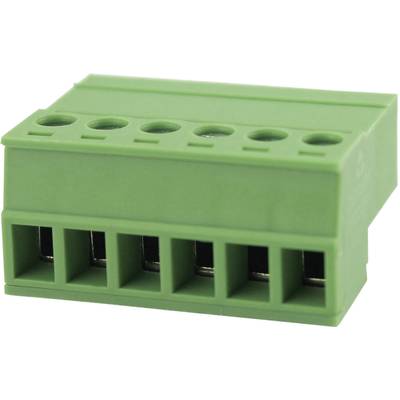 Connettore in plastica verde con sei fori per l'inserimento di pin, utilizzato in circuiti elettronici.