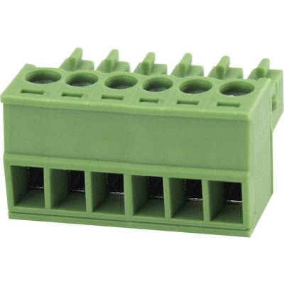 Connettore verde in plastica con cinque fori per il collegamento elettrico.