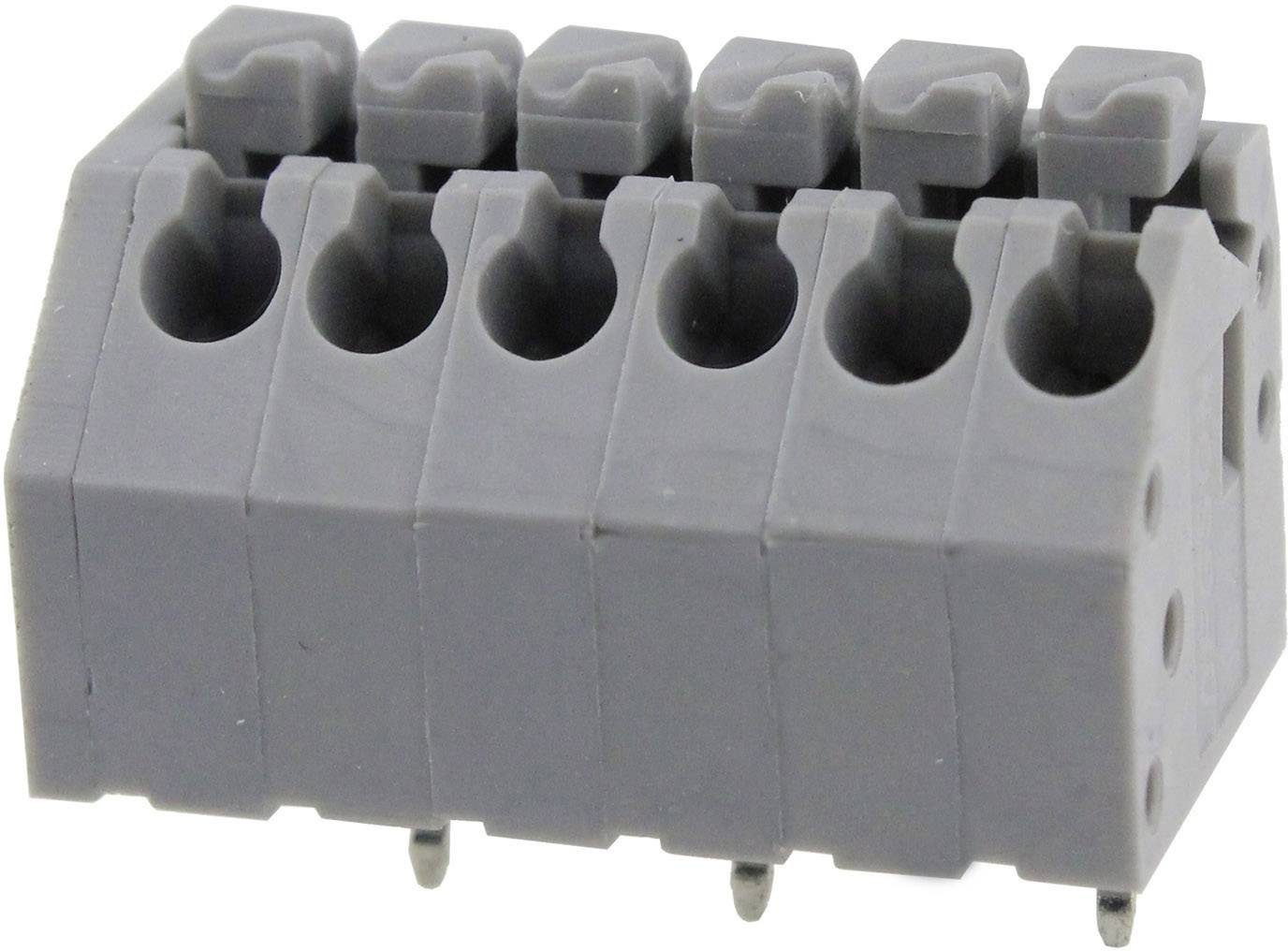 Connettore elettrico grigio con sei morsetti, idoneo per il cablaggio in circuiti elettrici.