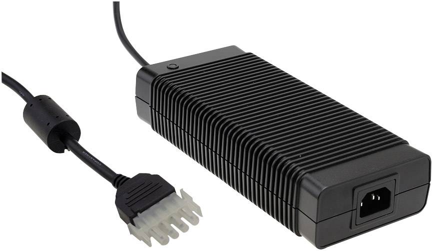 Alimentatore nero con involucro nervato e connessione via cavo, potenzialmente adatto per dispositivi elettronici o laptop.