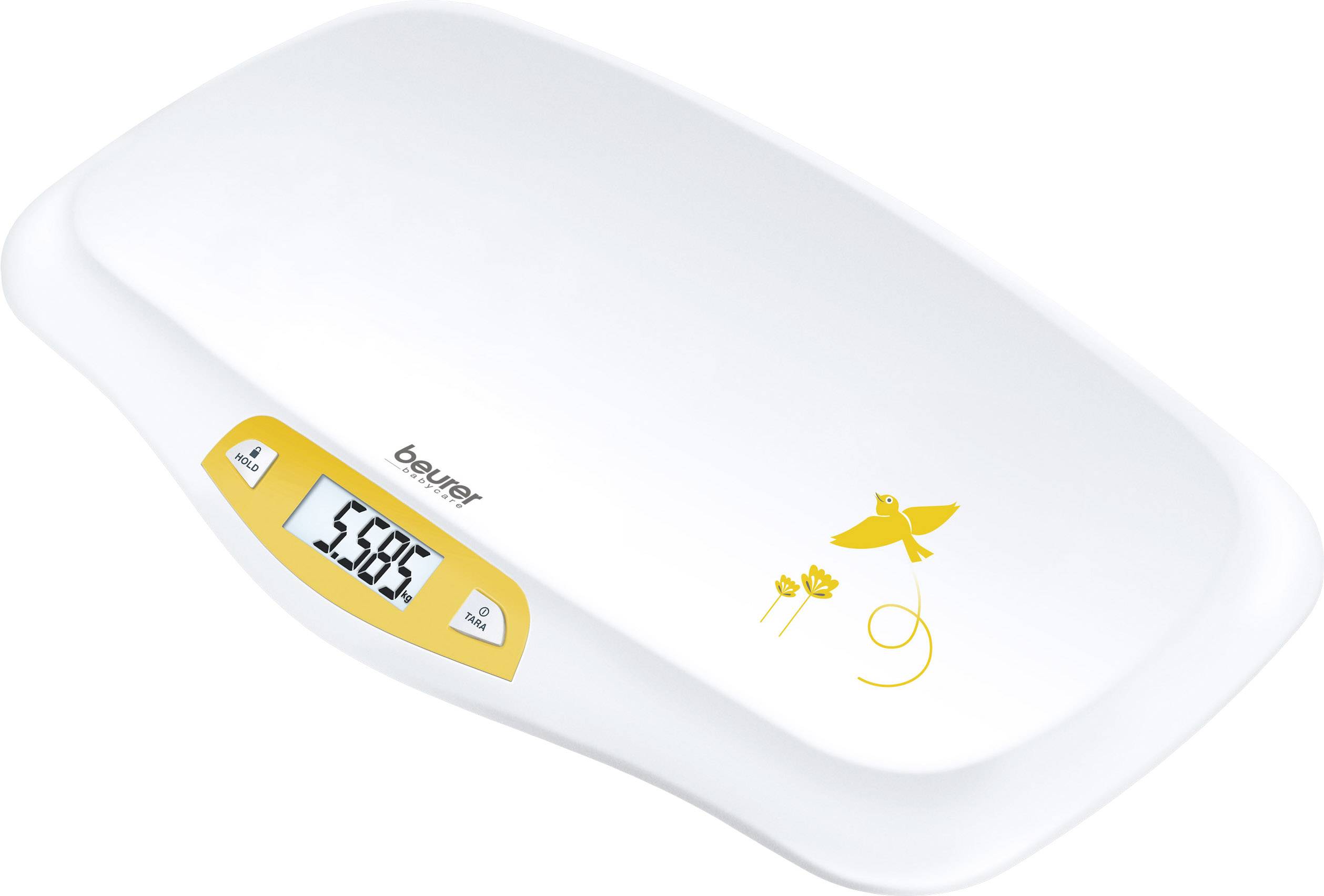 'Bilancia per neonati bianca con display digitale, indica 5,685 kg. Decorazioni gialle con motivo di uccelli. Marca: Beurer.'
