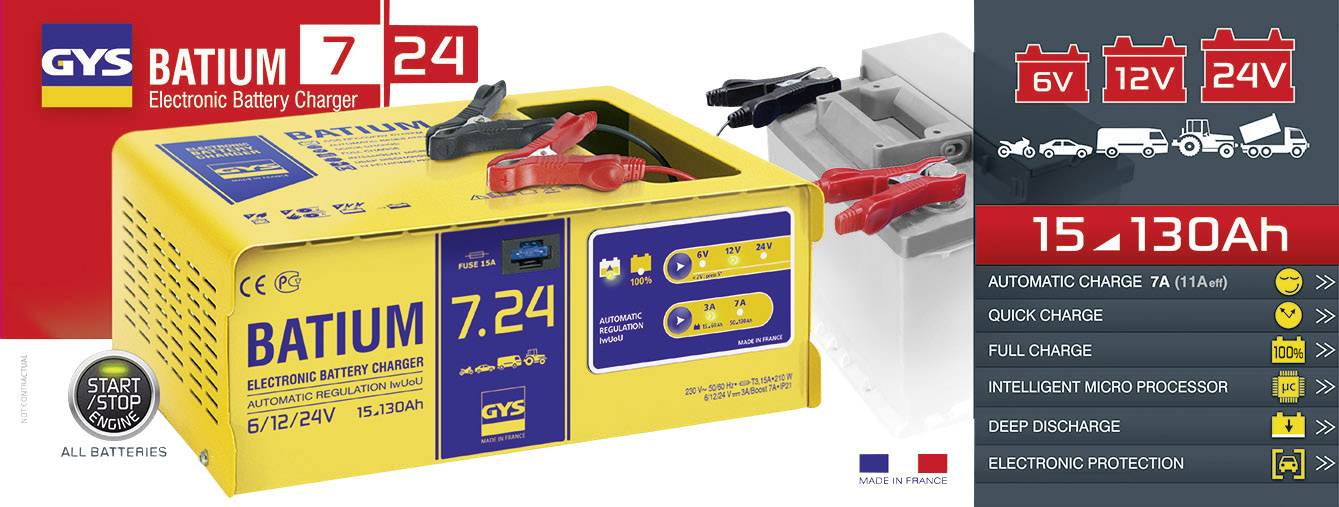 Caricabatterie elettronico 'GYS Batium 7.24' per batterie da 6V, 12V, 24V. Funzioni: ricarica rapida, protezione da scarica profonda.