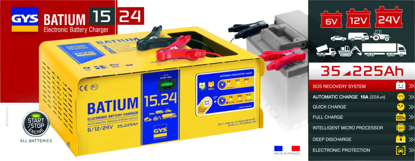 'BATIUM 15.24' caricabatterie elettronico, adatto per batterie a 6V, 12V, 24V. Display con indicatore di funzionamento. Supporta batterie Start-Stop.