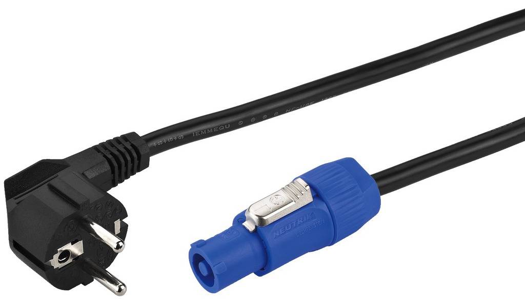 Un cavo di rete nero con un connettore di bloccaggio blu e una spina Schuko nera, adatto all'alimentazione di dispositivi elettrici.