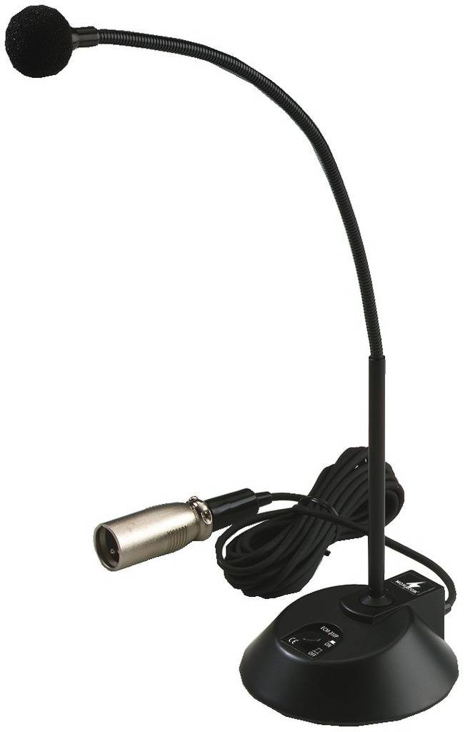 Un microfono da tavolo nero con collo flessibile e un cavo audio con connettore è posizionato sul tavolo.