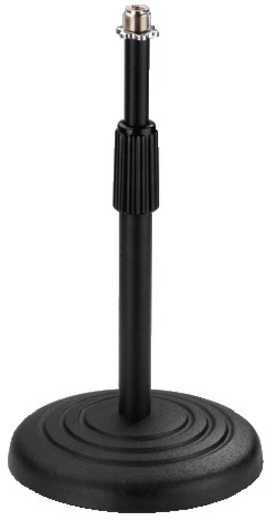 Un supporto per microfono nero con base rotonda e altezza regolabile.