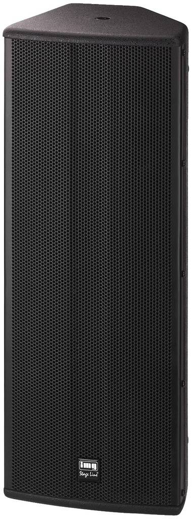 Altoparlante nero con griglia rettangolare, in piedi verticalmente, adatto per installazioni audio professionali.