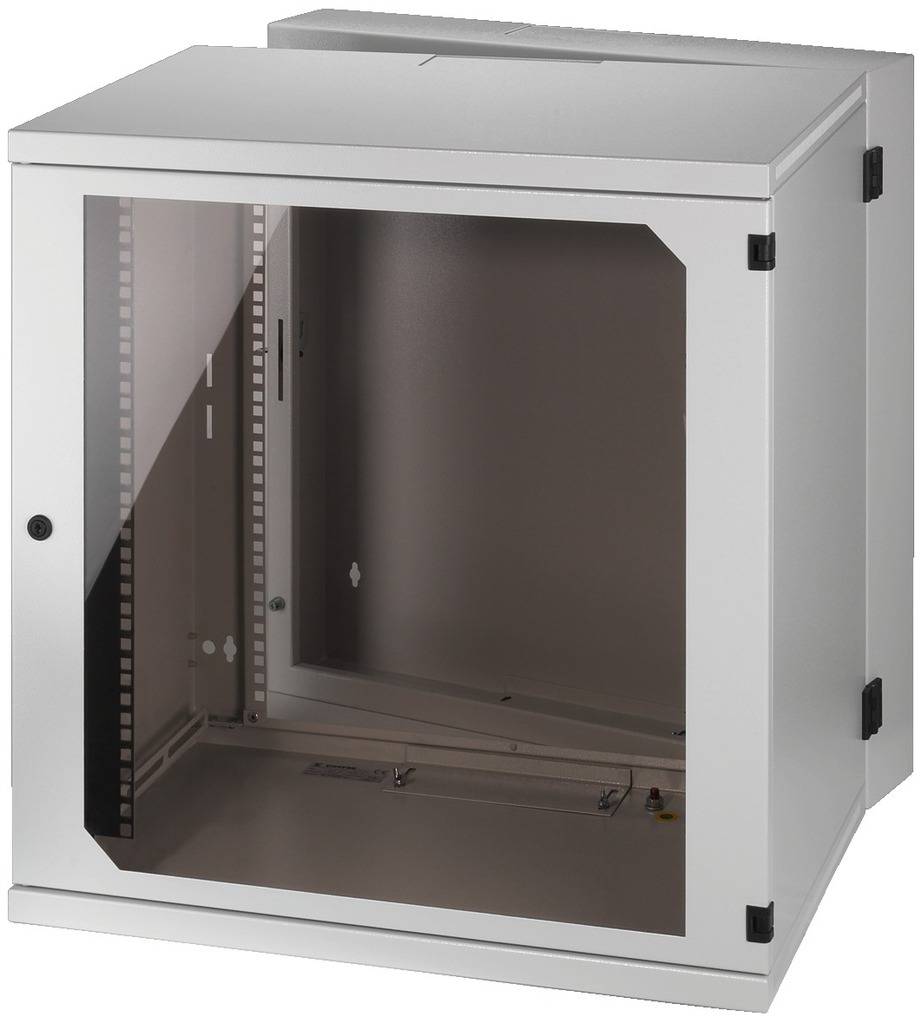 Armadio di distribuzione a parete grigio-bianco con porta in vetro, idoneo per tecnologie IT e di rete, privo di cablaggio interno o dispositivi.
