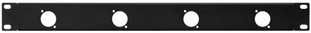 Piastra nera rettangolare con quattro fori rotondi distribuiti uniformemente, utilizzabile per il montaggio a rack.
