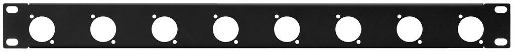 Pannello rack nero con sette aperture circolari per l'organizzazione dei cavi o per moduli, di forma rettangolare, con due file di fori per viti.