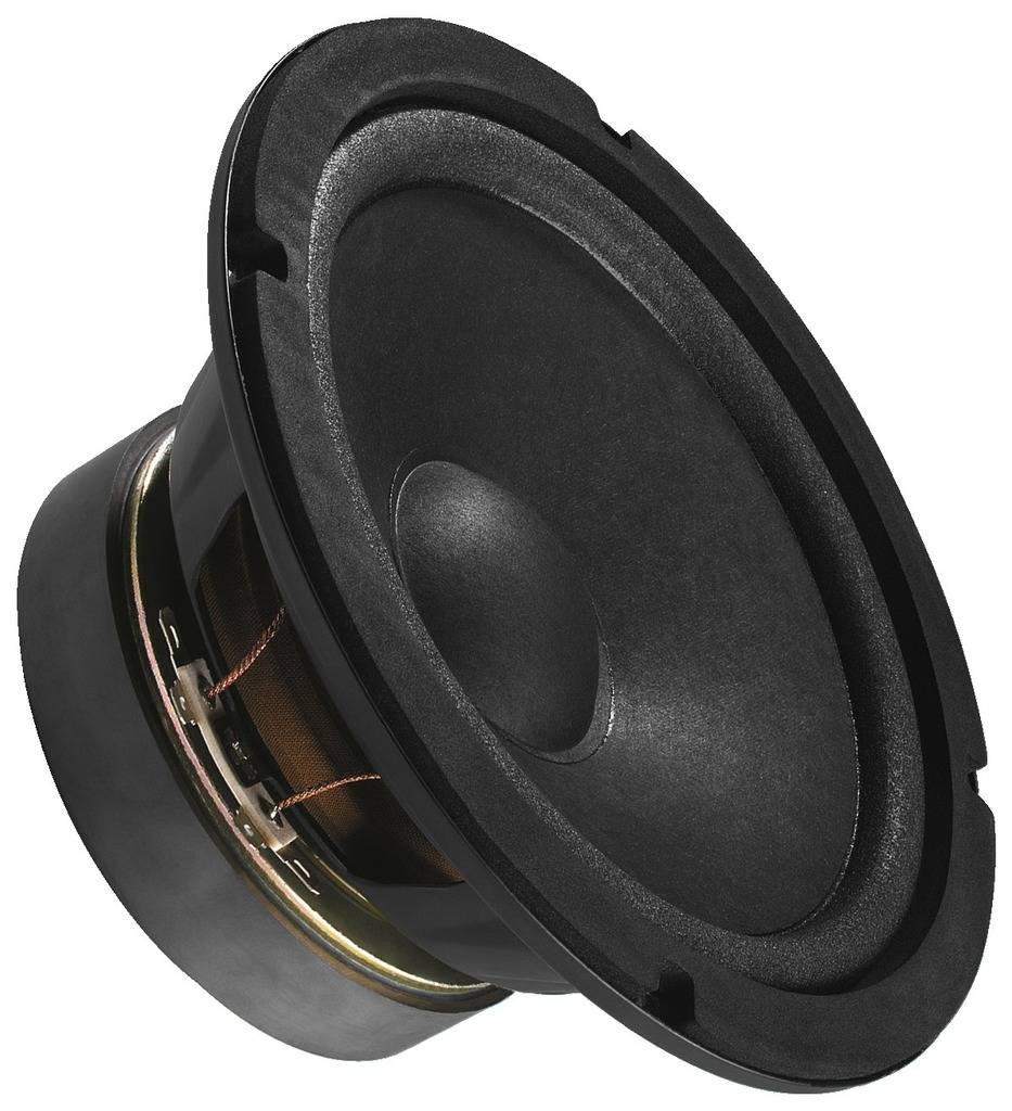 Altoparlante: membrana nera con cestello metallico, mostra l'avvolgimento dei fili e i magneti, adatto per applicazioni audio.