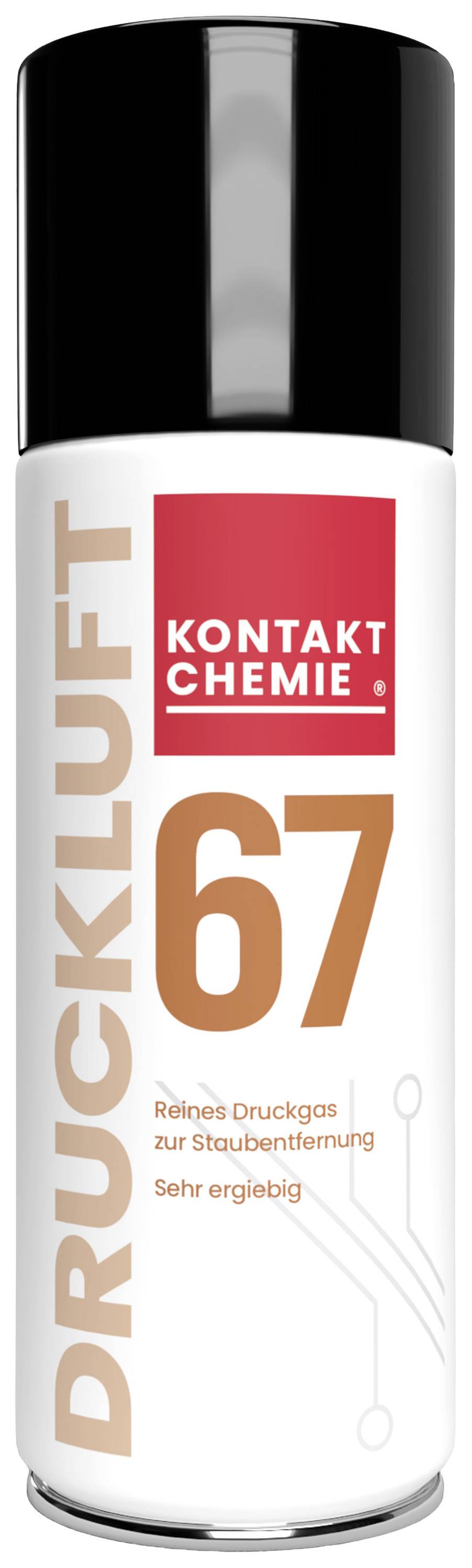 'Bomboletta spray ad aria compressa, marca KONTAKT CHEMIE, idonea per la rimozione della polvere. Design bianco con logo rosso e numero 67.'