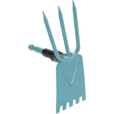 Accessorio blu per attrezzi da giardino con tridente e pala con bordo dentellato, utilizzato per lavori di giardinaggio e lavorazione del terreno.