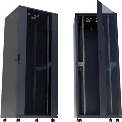 Due rack server con porte scorrevoli in vetro; uno chiuso, l'altro parzialmente aperto. Entrambi montati su ruote.