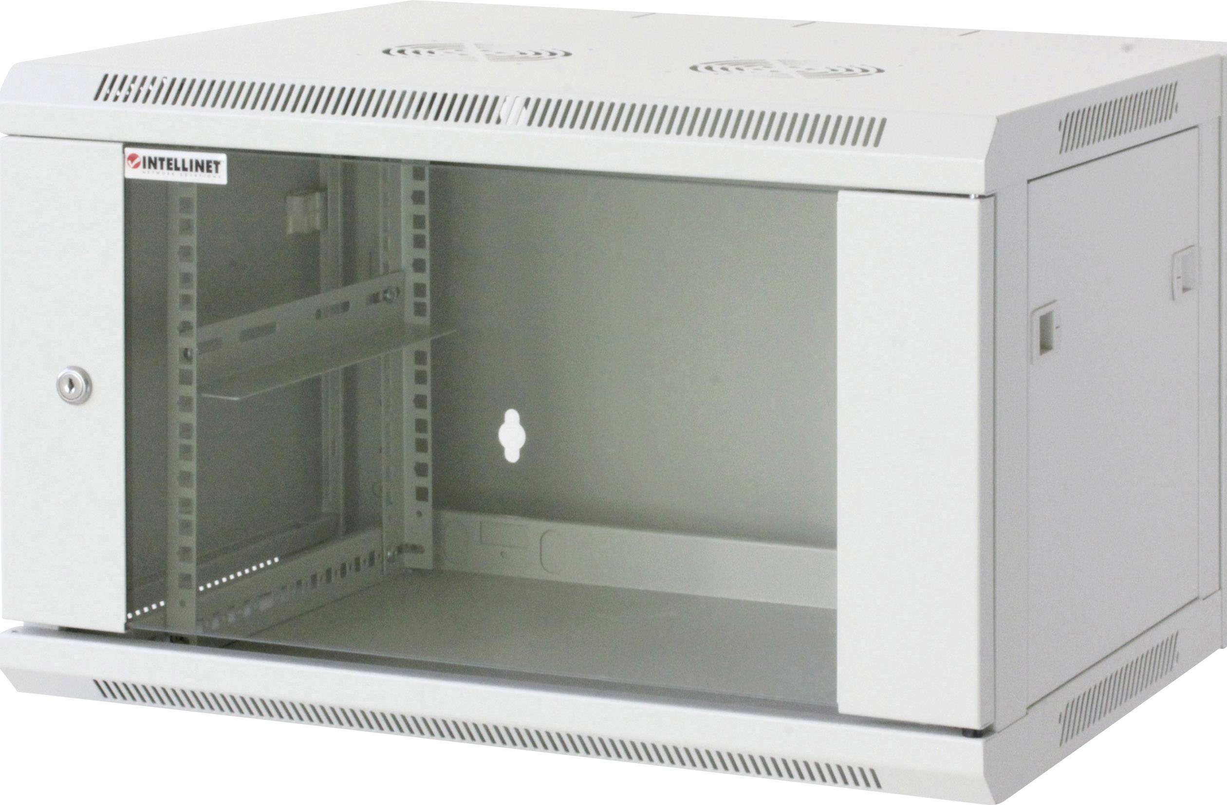 Un armadio di rete a parete grigio e vuoto con porta in vetro, idoneo per riporre in modo sicuro dispositivi IT e componenti di rete.