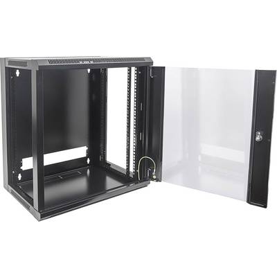 Un armadio di rete nero aperto con porta trasparente, mostra lo spazio interno vuoto e l'accesso ai cavi, idoneo per attrezzature IT.