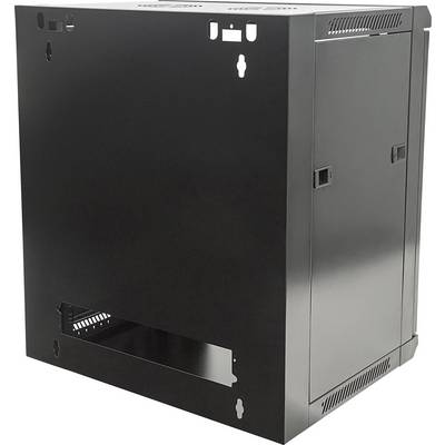 Custodia metallica nera, rettangolare, con fori di ventilazione e tagli per i cavi; idonea al montaggio a parete di dispositivi elettronici.