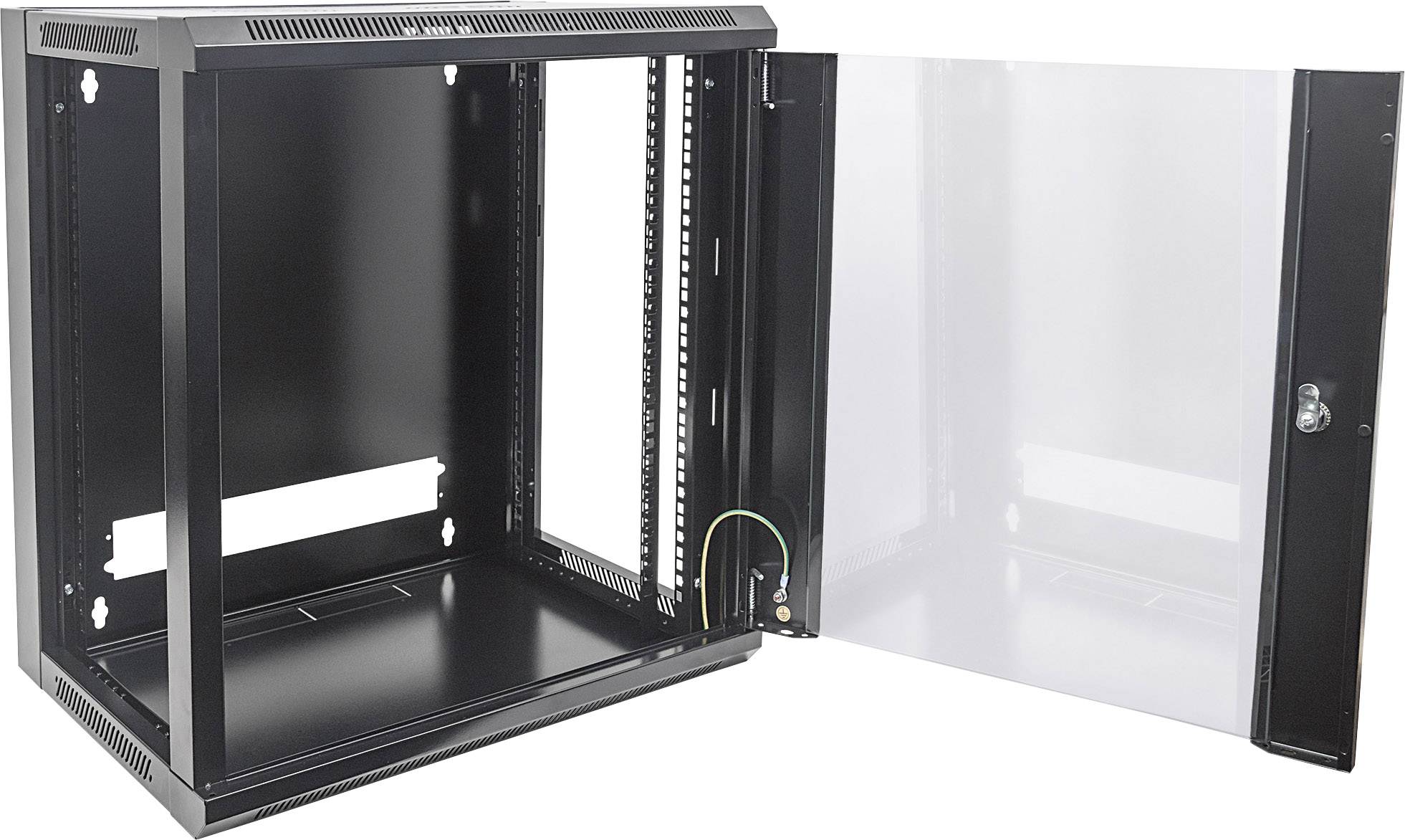 Armadio di rete nero con porta in vetro aperta, mostra lo spazio interno vuoto e un suggerimento per il cablaggio. Adatto per hardware IT.