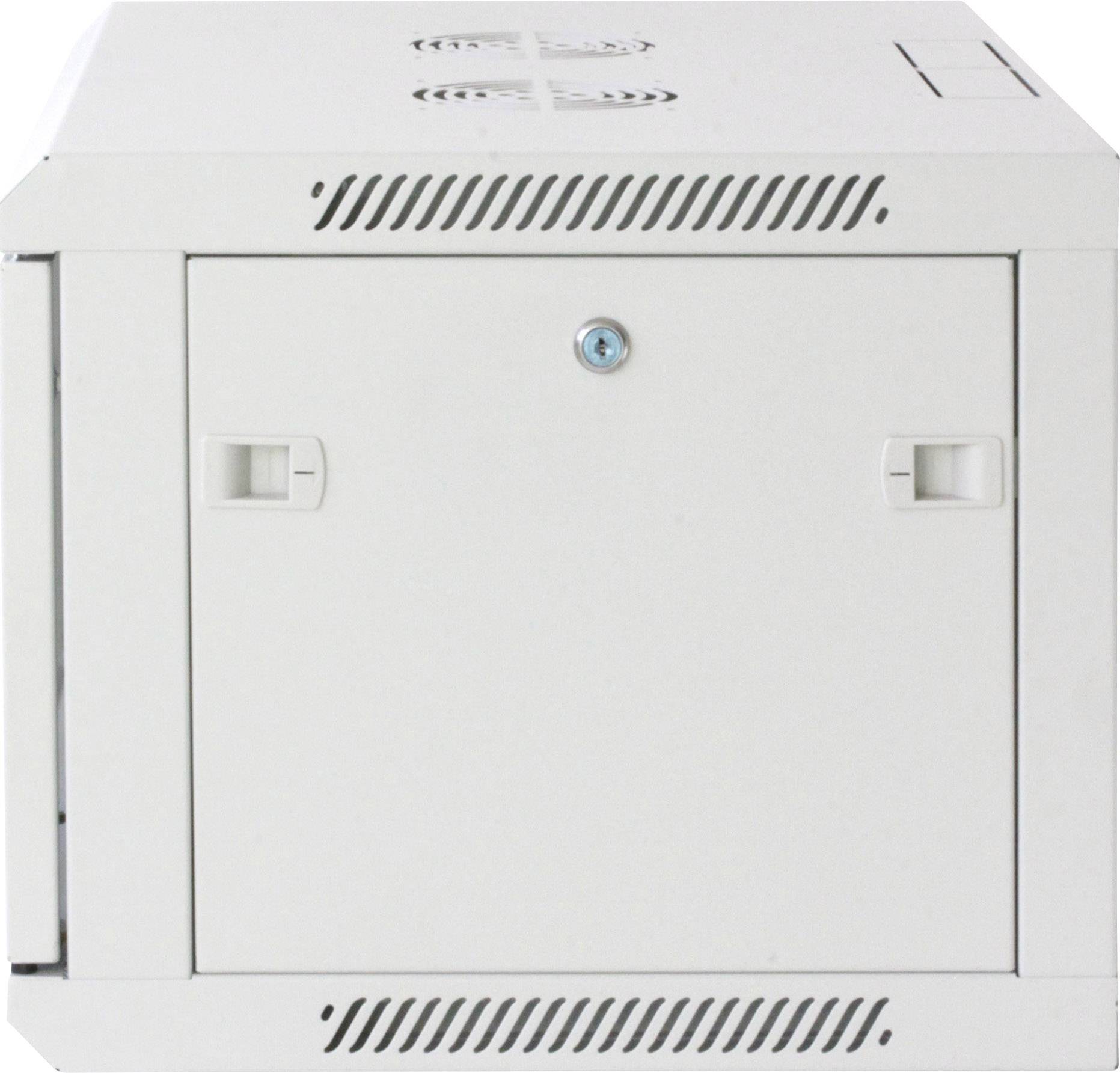 Un armadio bianco da parete con feritoie di ventilazione nella parte superiore e sulla porta. L'armadio può essere chiuso a chiave ed è adatto per riporre dispositivi.