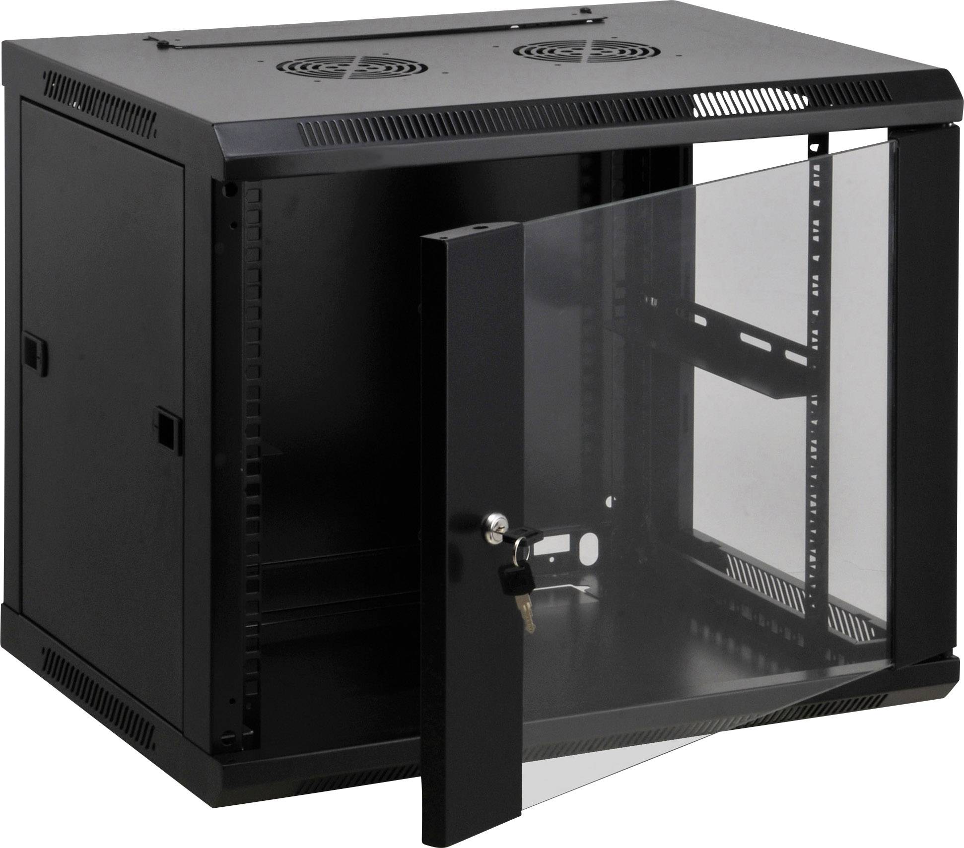 Un armadio rack per server nero in metallo con porta scorrevole in vetro. Nella parte superiore sono presenti feritoie di ventilazione per la circolazione dell'aria di raffreddamento.