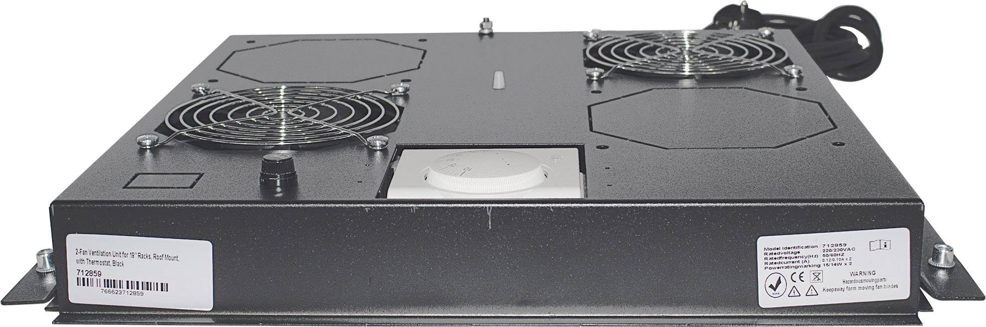 Un dispositivo nero in metallo con due ventole e una manopola di regolazione, presumibilmente un sistema di ventilazione. Etichette informative sul lato.