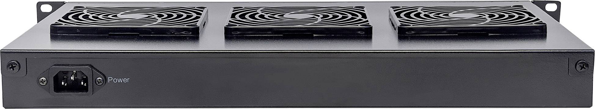 Un dispositivo elettronico nero con tre ventole sulla parte superiore e un ingresso di alimentazione sul davanti.
