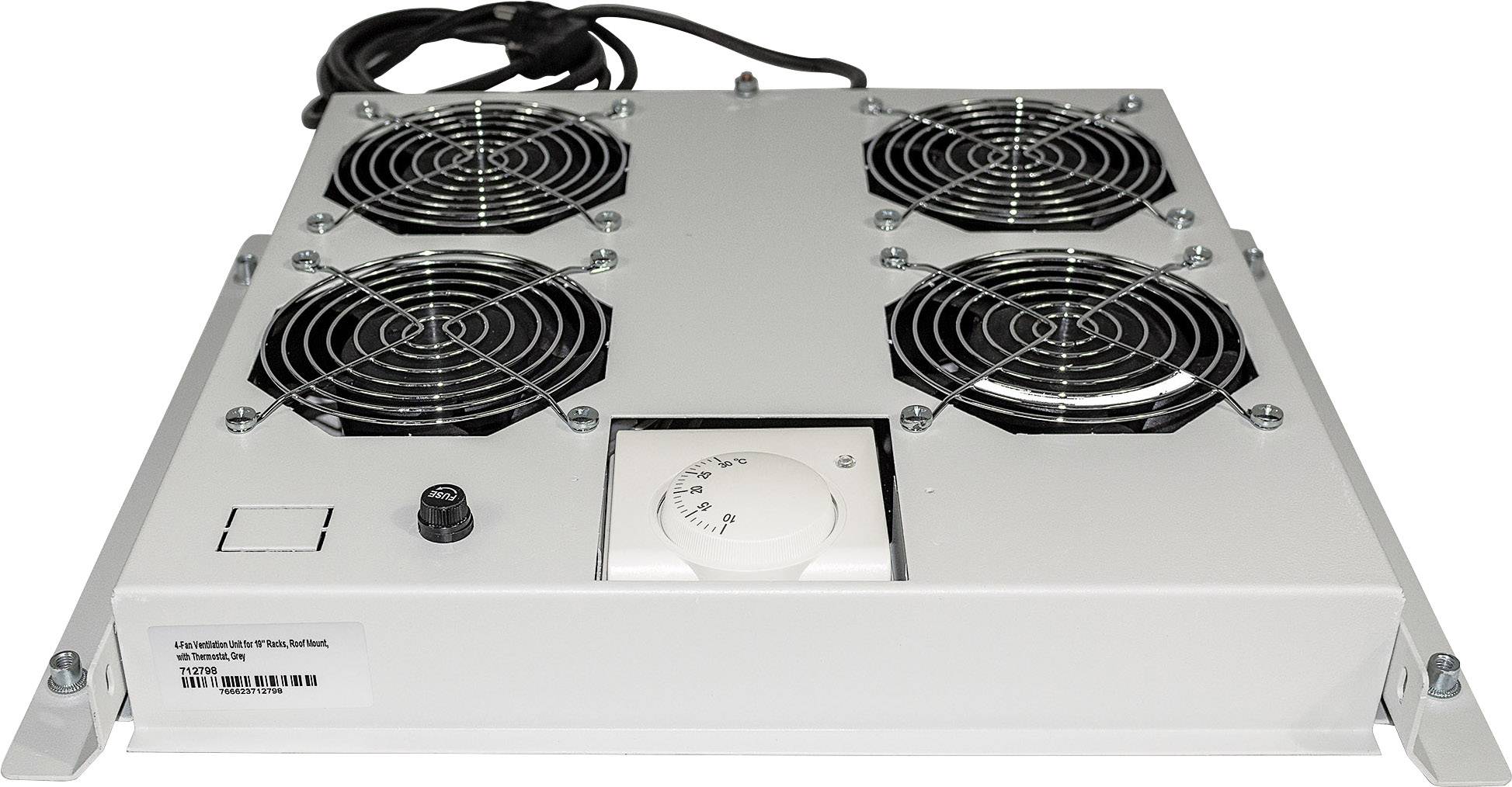 Un dispositivo di raffreddamento elettrico bianco con quattro ventole e un selettore rotativo per il controllo della temperatura, adatto all'uso industriale.