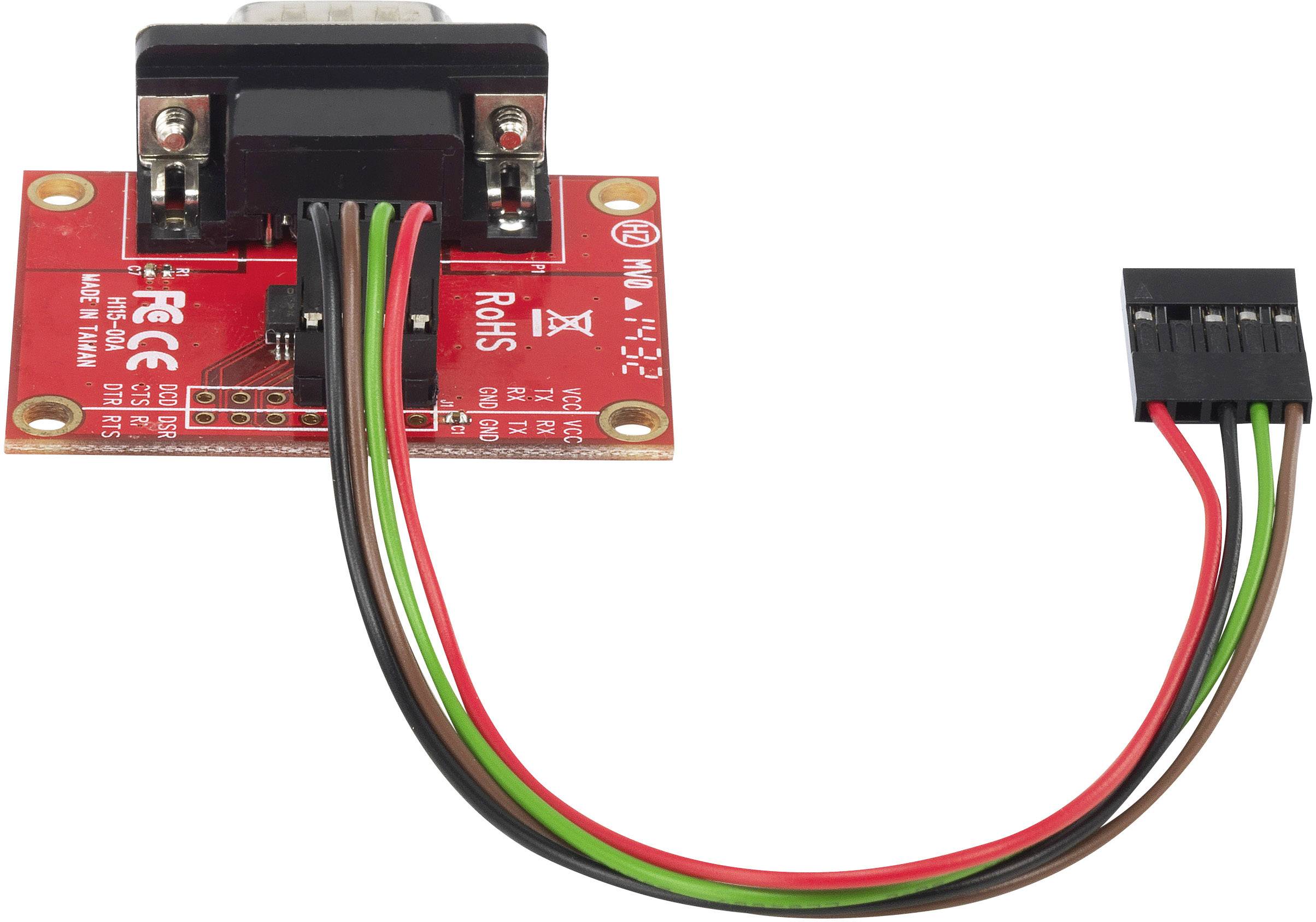 'Scheda elettronica con cavi, convertitore RS232-TTL. Scheda a circuito stampato rossa con etichette. Cavi in nero, bianco, rosso, verde.'