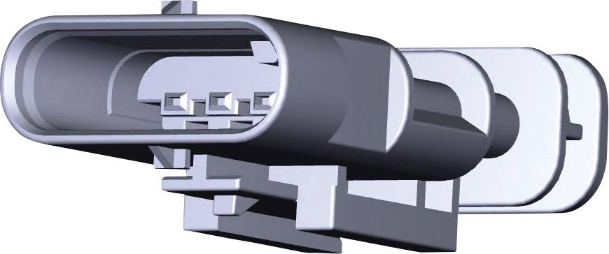 Un connettore elettrico grigio di forma rettangolare con tre contatti metallici, rappresentato in un disegno tecnico.