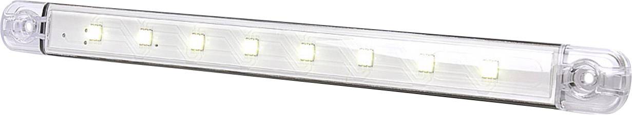 Una barra luminosa LED allungata con otto luci visibili, involucro trasparente e cornice argentata. Ideale per un'illuminazione luminosa.