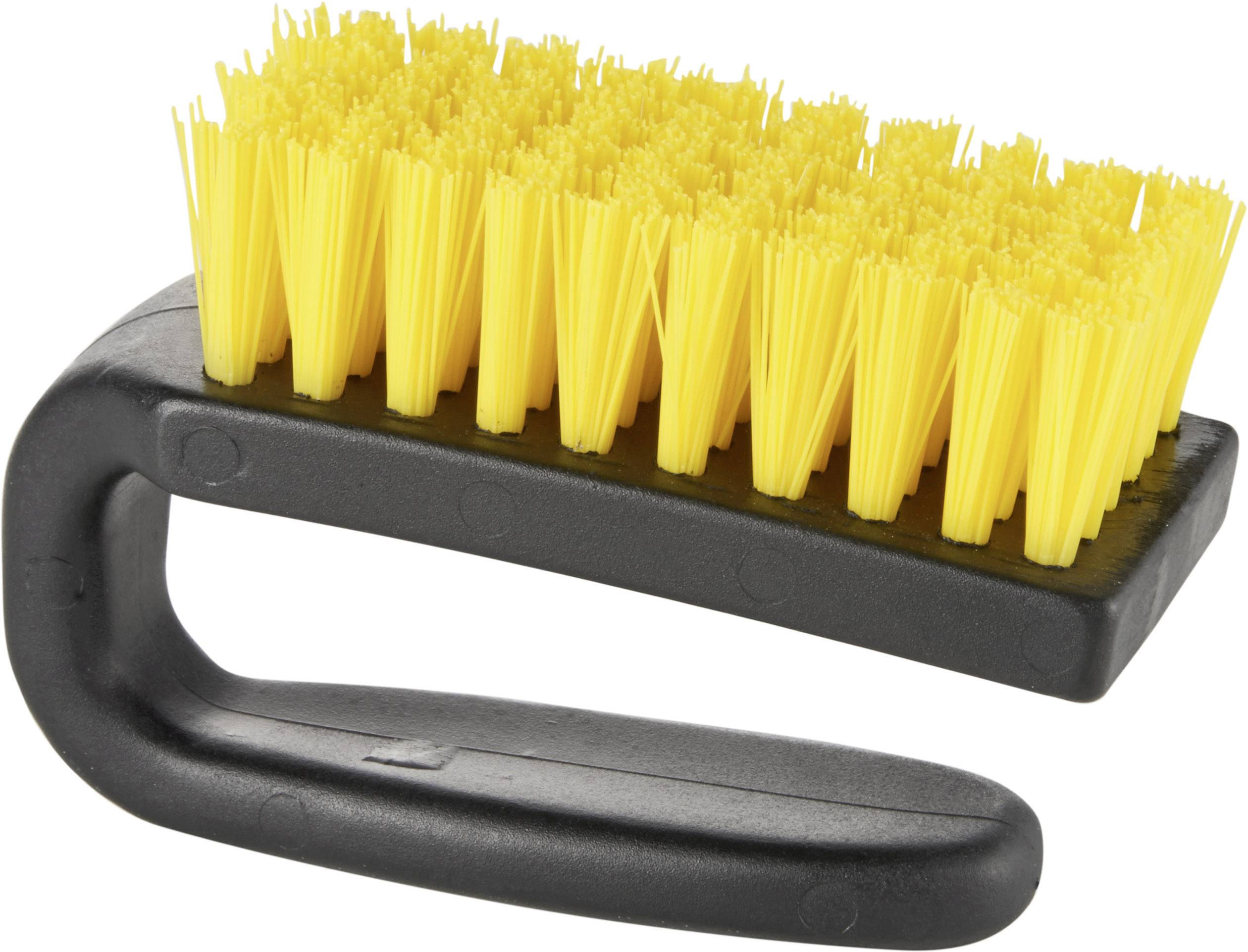 Spazzola da pulizia gialla con manico nero, adatta per strofinare e pulire superfici.