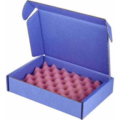 Scatola blu per la spedizione con sportello aperto, imbottita internamente con schiuma rosa per la conservazione sicura di oggetti delicati.