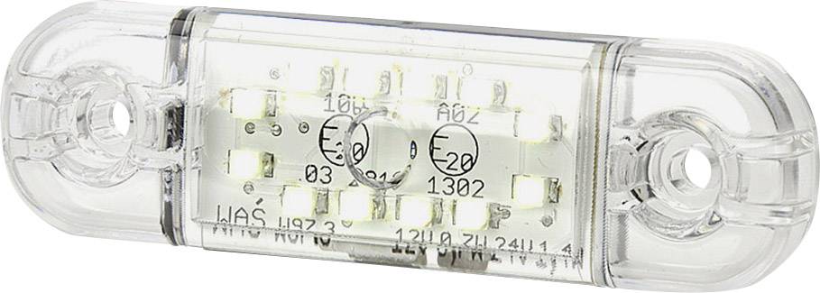 Un pannello luminoso LED rettangolare e trasparente per veicoli. Contiene più piccoli LED e marcature con dettagli tecnici.