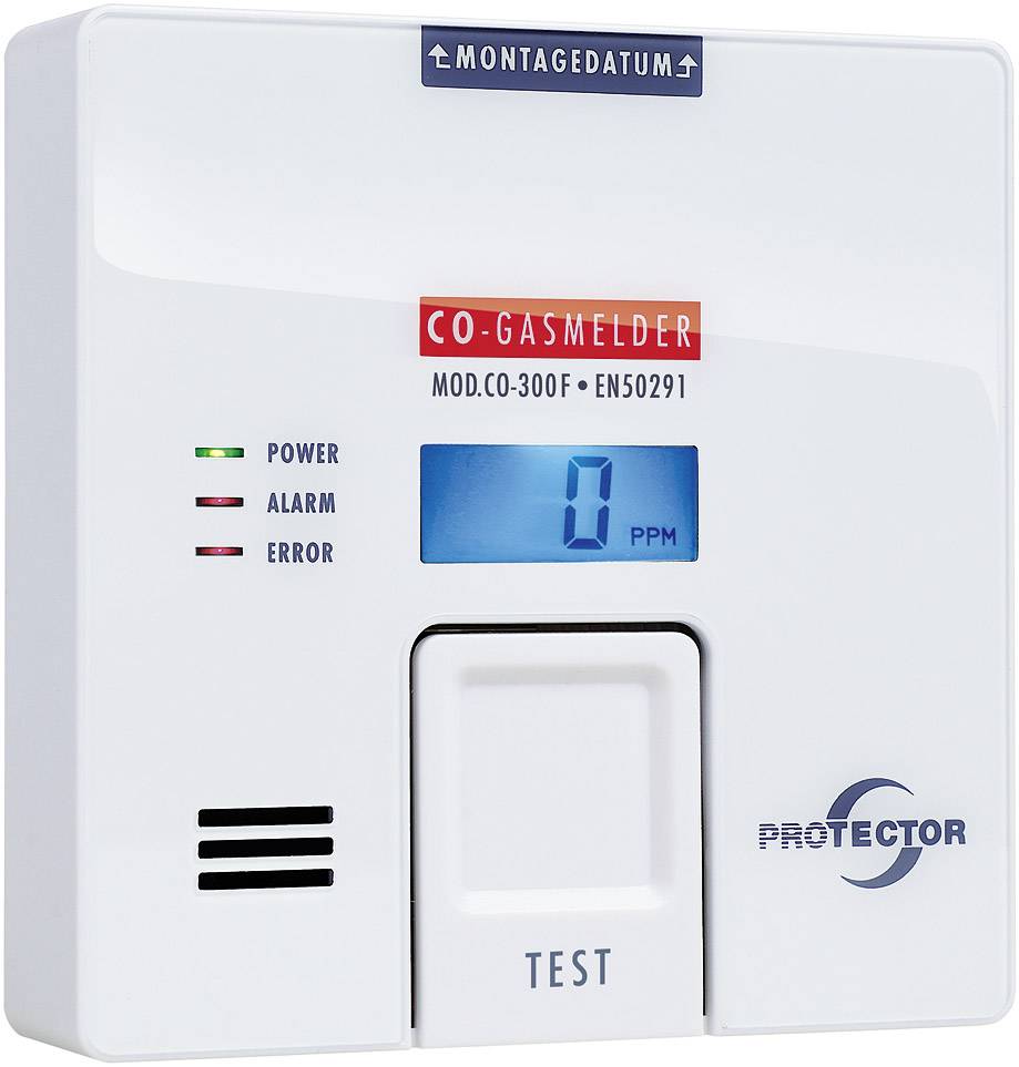 Rivelatore di monossido di carbonio con display digitale che mostra '0 PPM'. Indicatori di stato per alimentazione, allarme e guasto. Pulsante di test in basso.