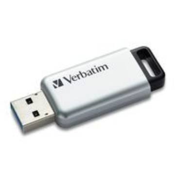 Una chiavetta USB d'argento Verbatim con cappuccio nero, poggiata orizzontalmente.