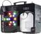 Una macchina del fumo con luci LED integrate che brillano in diversi colori. A destra c'è un serbatoio con liquido.