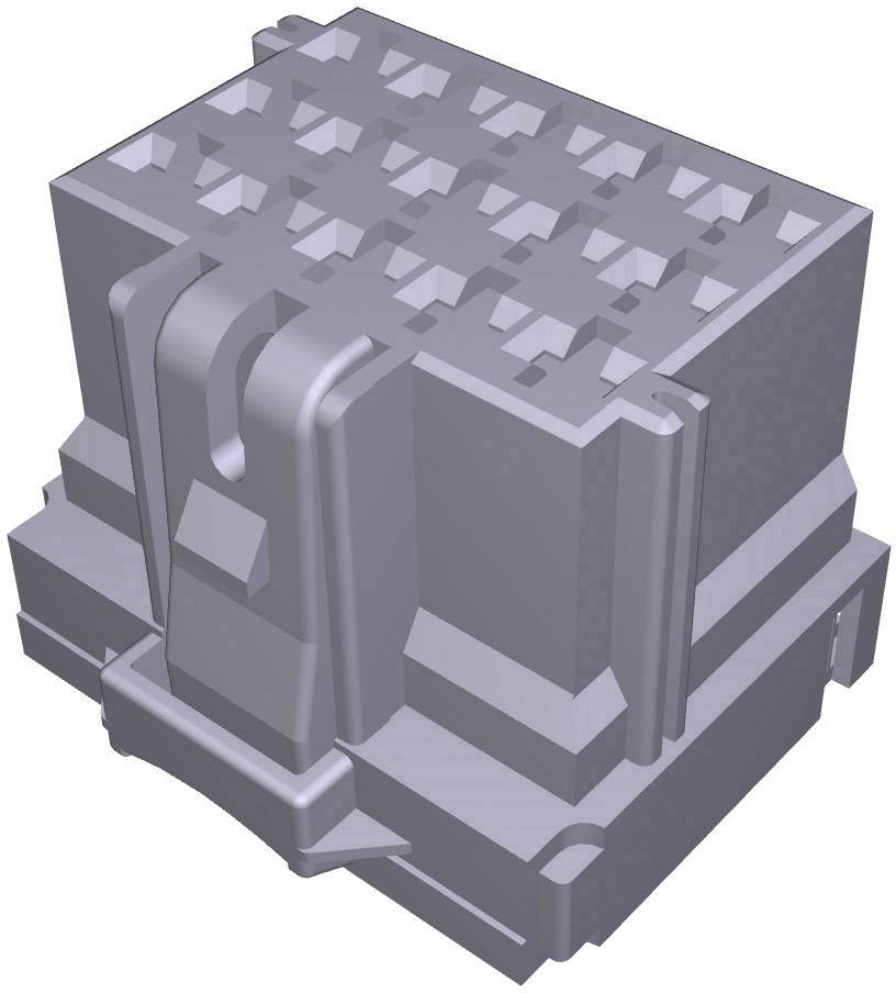 Un modello tridimensionale di un connettore elettrico grigio rettangolare. Mostra i dettagli della superficie strutturata.