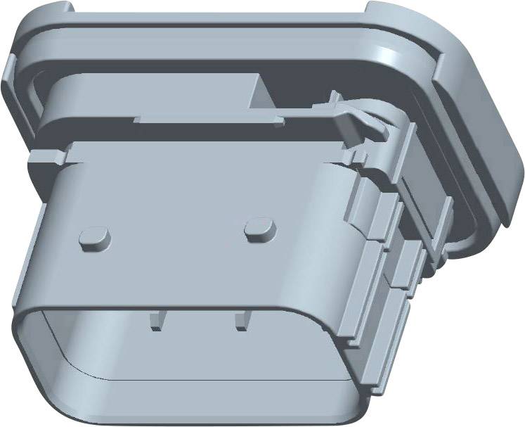 Custodia per connettore grigia, forma rettangolare, disegno tecnico. Principalmente utilizzata per connessioni elettriche.