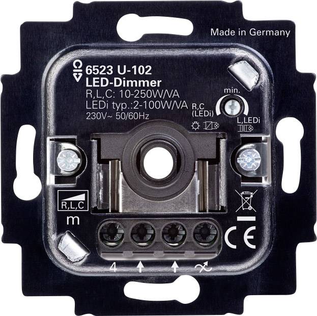 'Dimmer LED nero con codice tipo 6523 U-102, adatto per 10-250V/AC, 230V ~ 50/60Hz, prodotto in Germania.'
