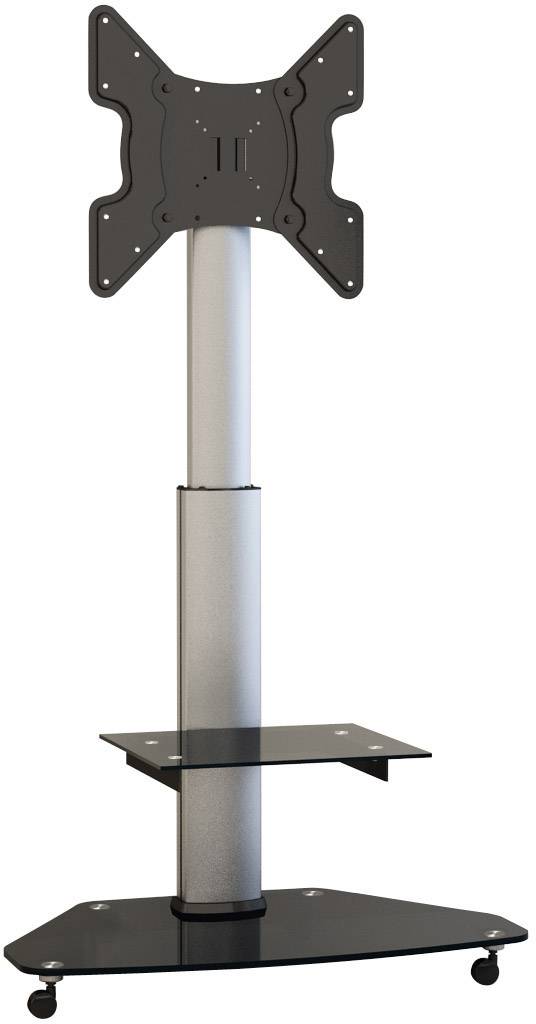 Supporto TV mobile con staffa compatibile VESA, regolazione dell'altezza, ripiano in vetro e ruote per un facile spostamento.