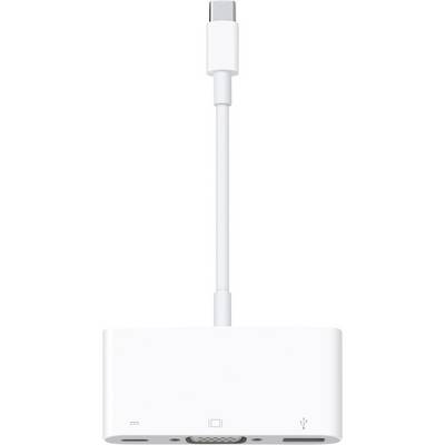 Un adattatore bianco con una spina USB-C, collegato a un hub tre-in-uno con porte HDMI, VGA e USB.